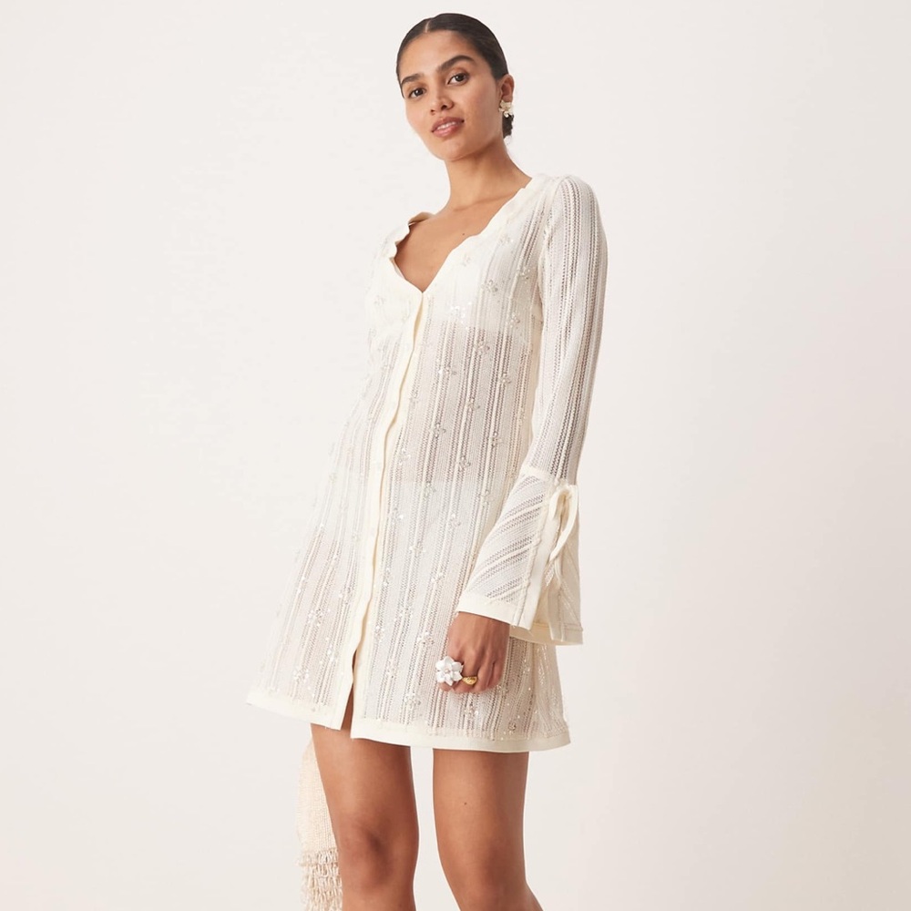 Amy Lynn Embellished Knit Button Down Mini Dress in Cream